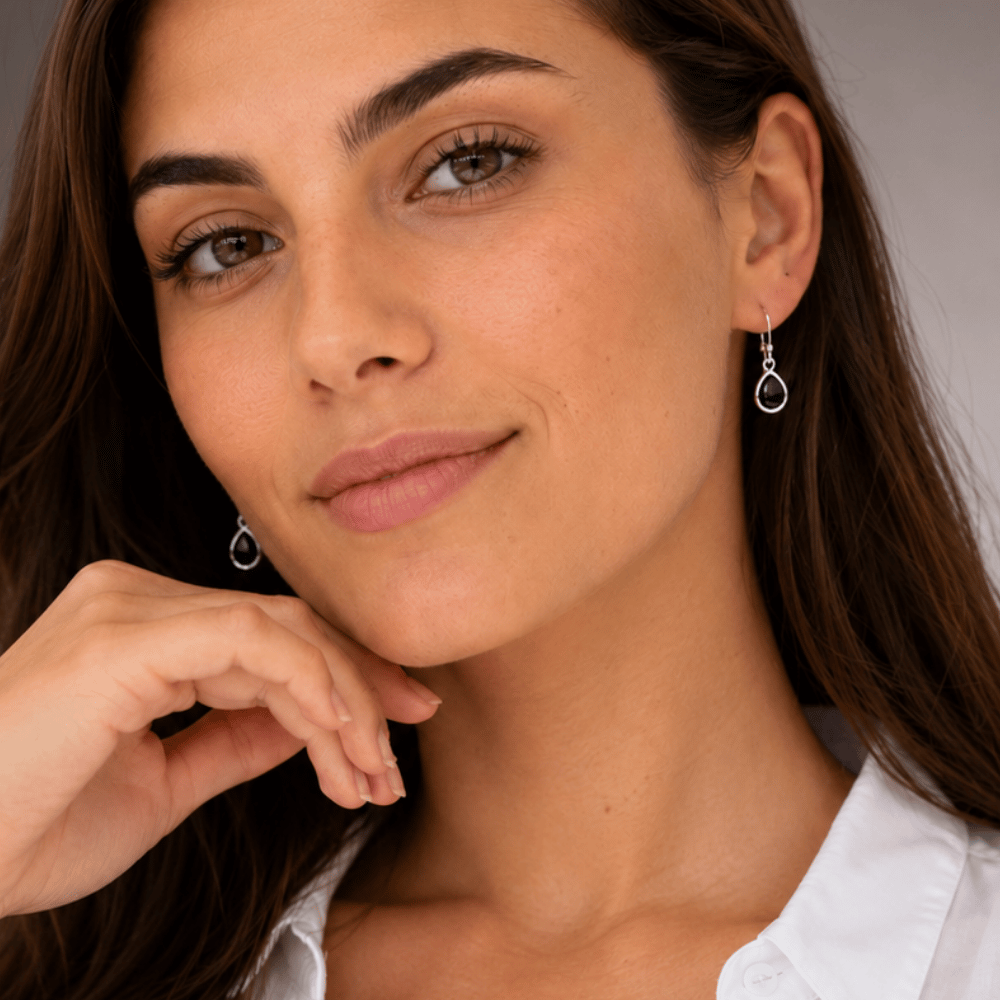 Pear Inlay Black Onyx French Wire Earrings