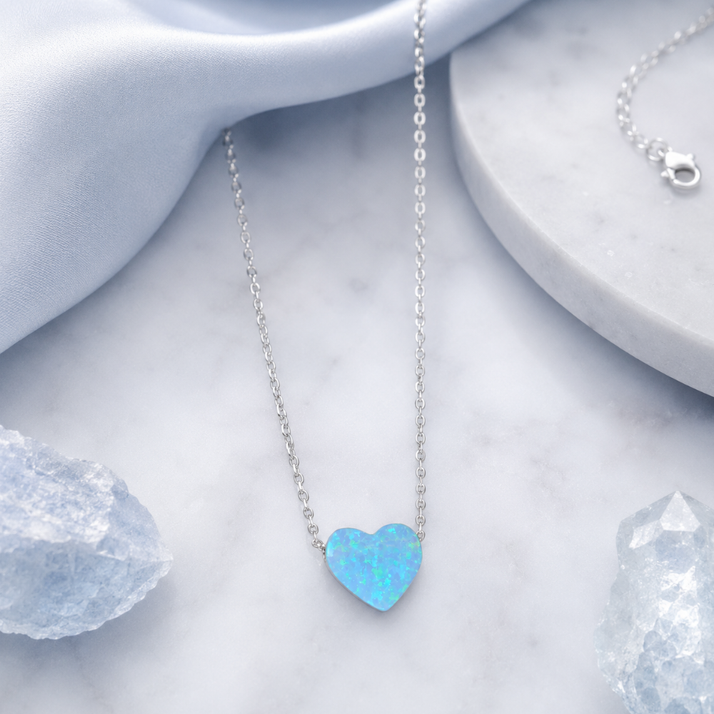 16" + 2" Rhodium Plated Synthetic Opal Heart Necklace