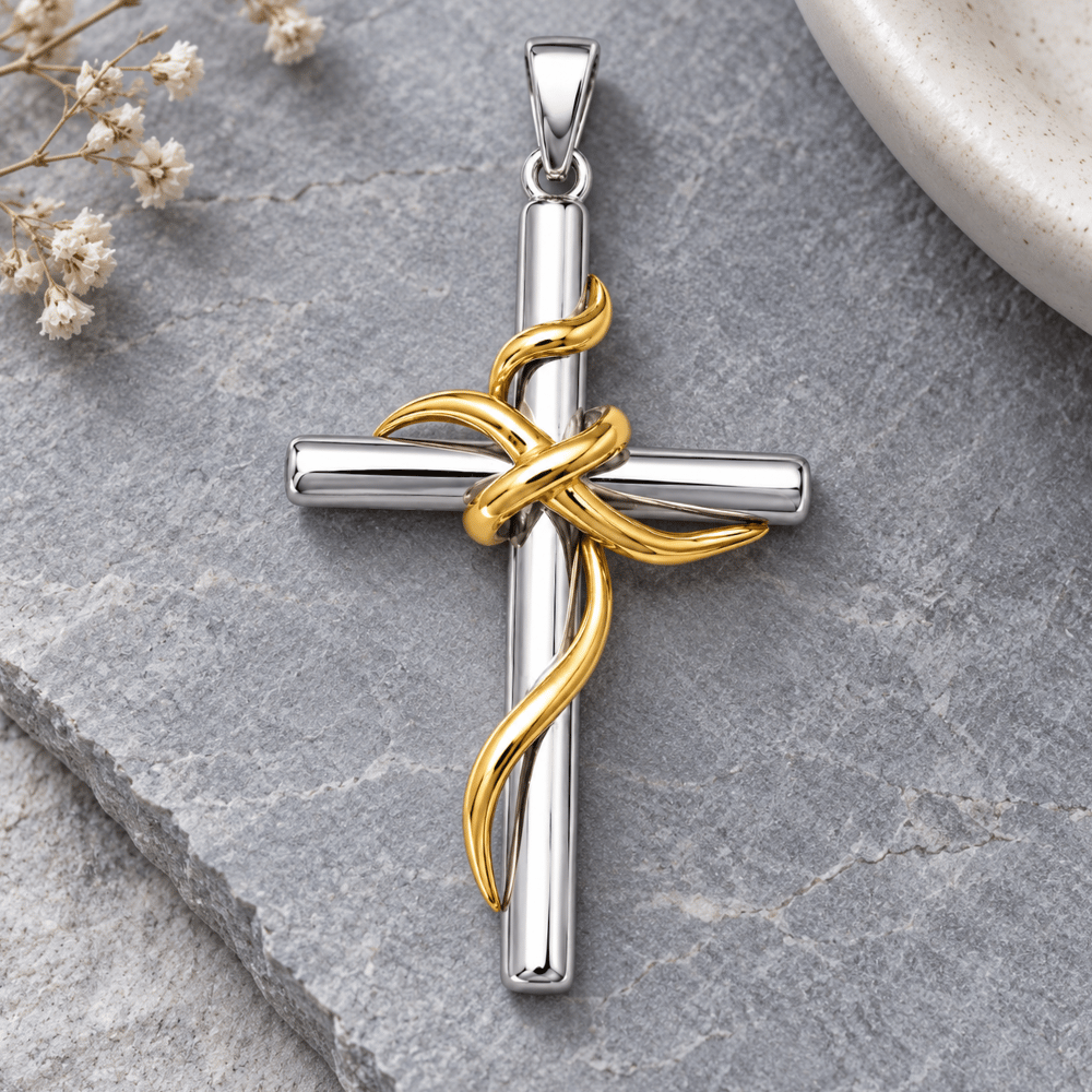 Rhodium and 14 Karat Gold Plated Sterling Silver Cross Pendant