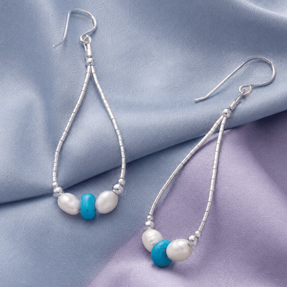 Cultured Freshwater Pearl and Turquoise Liquid Silver Pear Outline Earrings