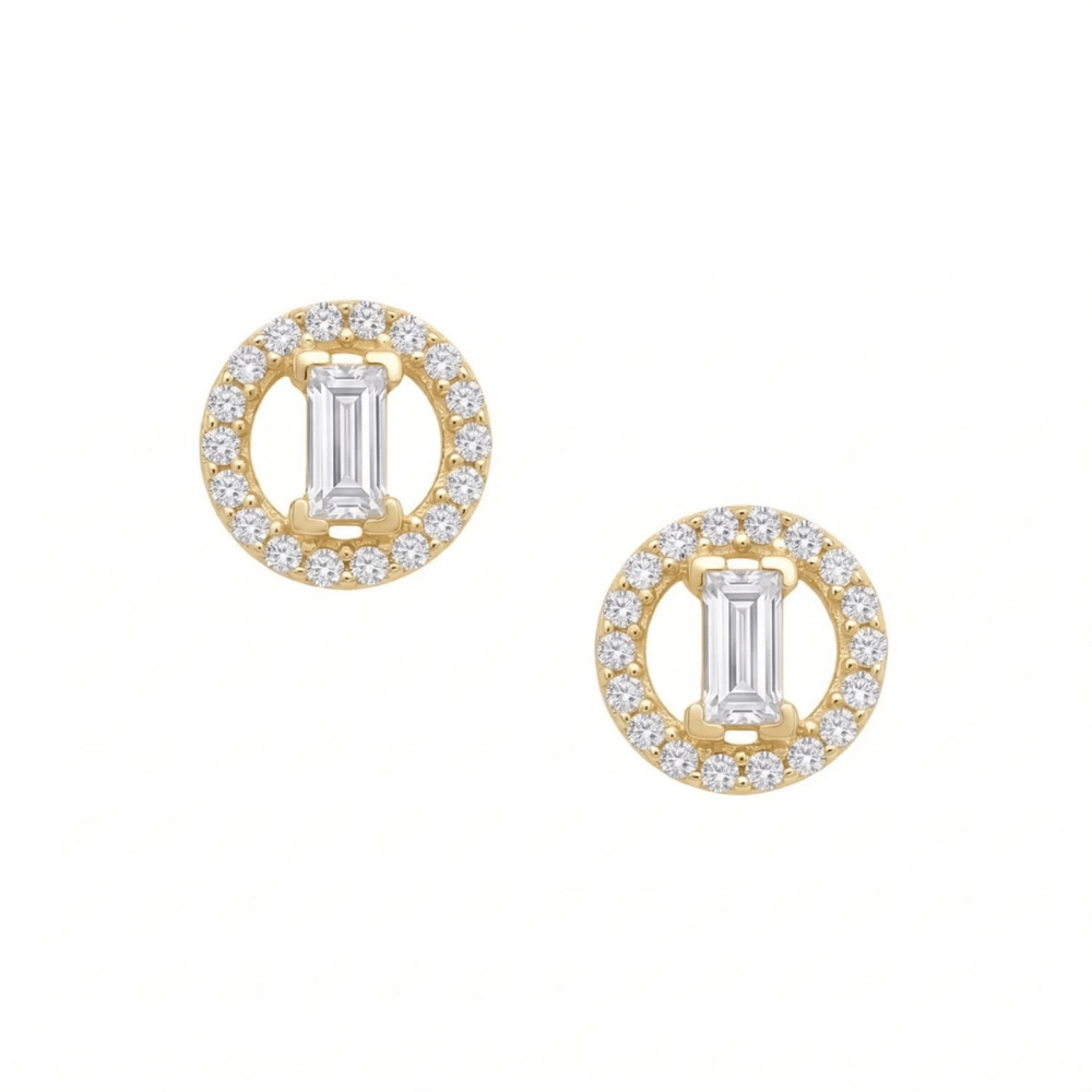 Baguette and Halo CZ Stud Earrings - 14 Karat Gold Plated - view 5