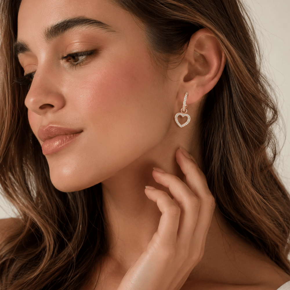 CZ Heart Charm Hoop Earrings