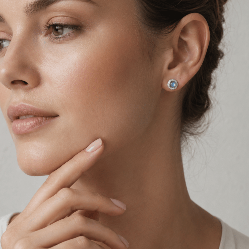 Rhodium Plated Labradorite and CZ Halo Stud Earrings