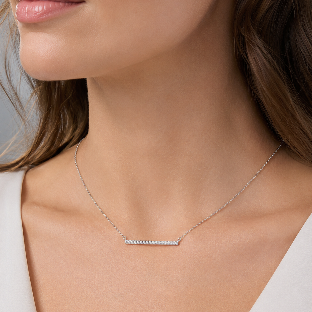 16" + 2" Rhodium Plated CZ Bar Necklace