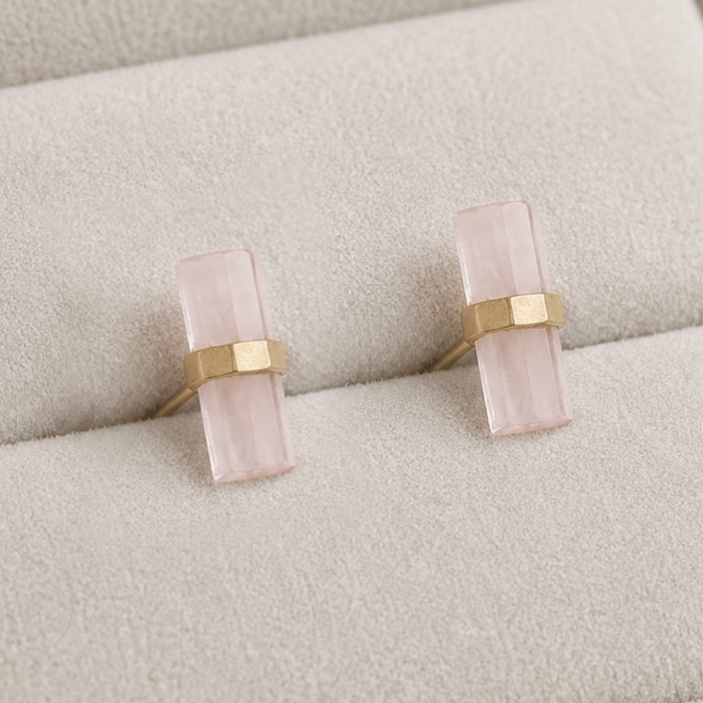 14 Karat Gold Plated Pencil Cut Rose Quartz Studs