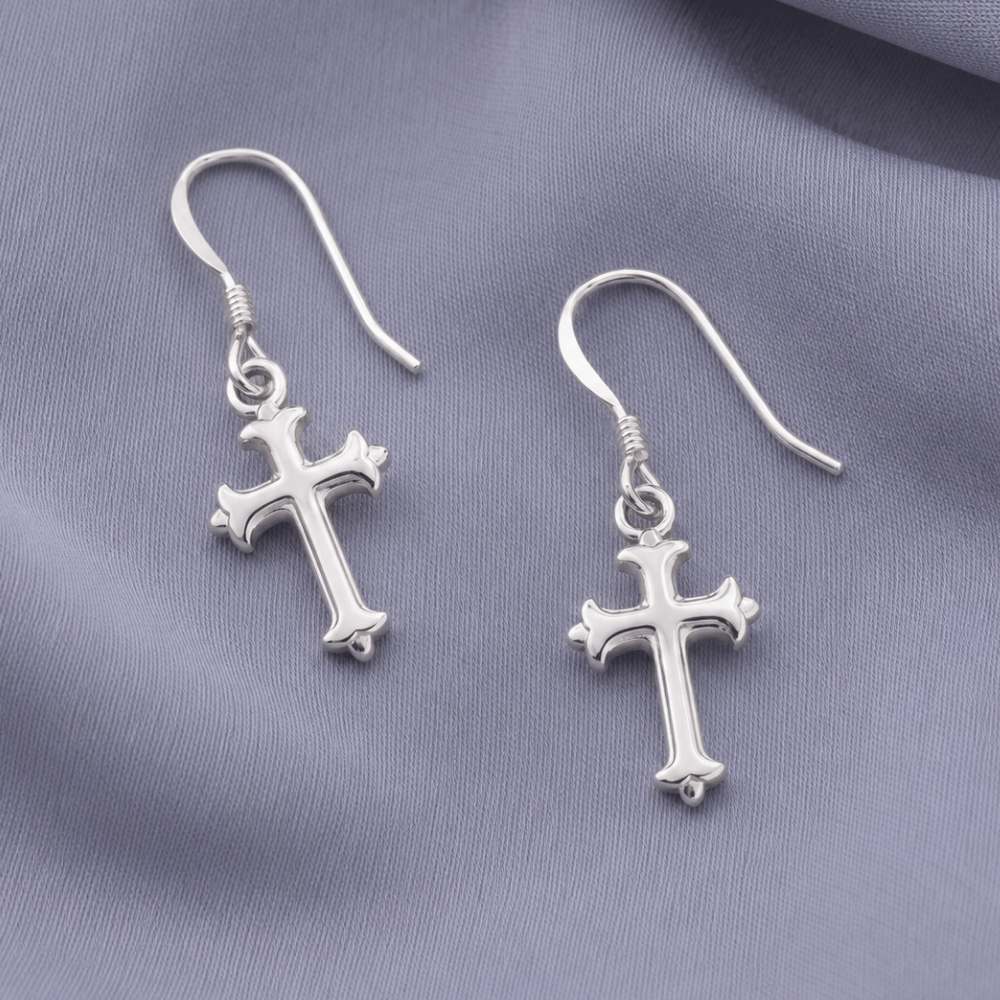 Ornate Polished Cross French Wire Earrings