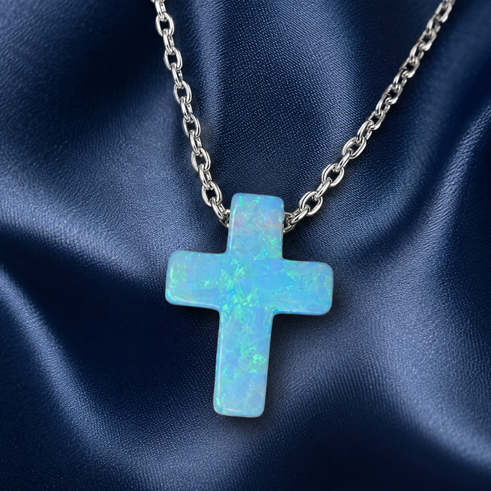 16" + 2" Rhodium Plated Synthetic Opal Cross Necklace