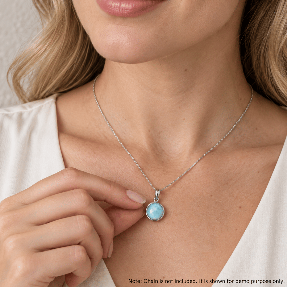 Rhodium Plated Round Larimar Pendant