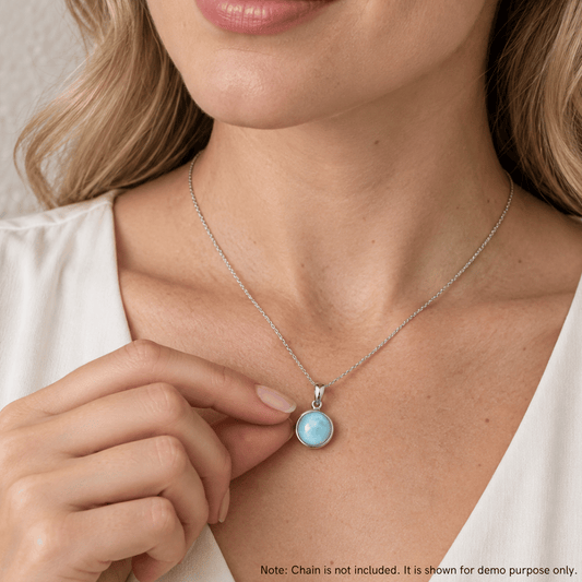 Rhodium Plated Round Larimar Pendant