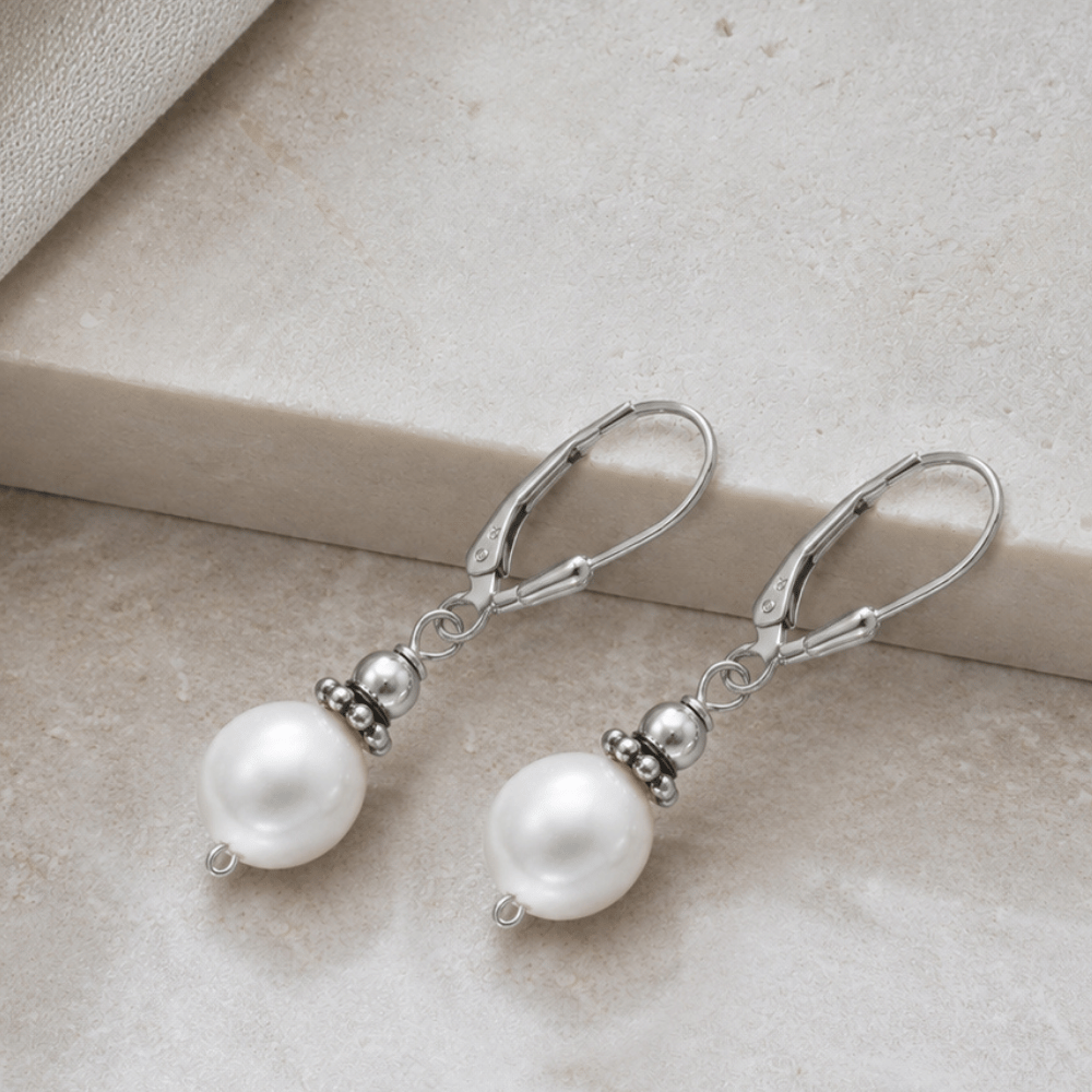 White Cultured Freshwater Pearl with Bali Bead Lever Earrings
