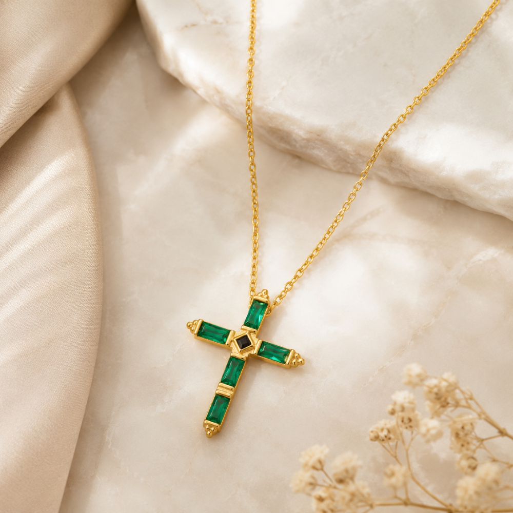 16" + 2" Green and Black CZ Cross Necklace