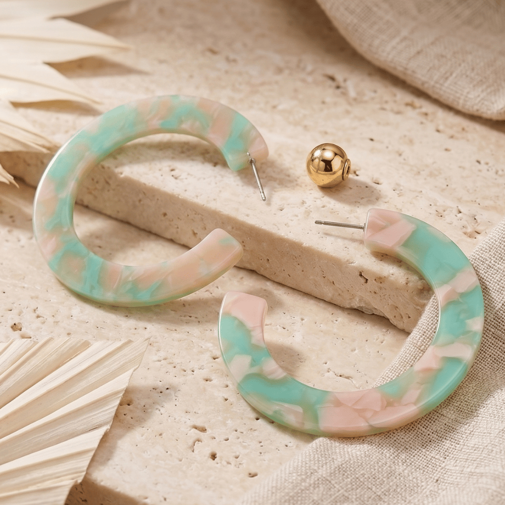 Gold Tone Green Marble Acrylic 3/4 Hoop Earrings