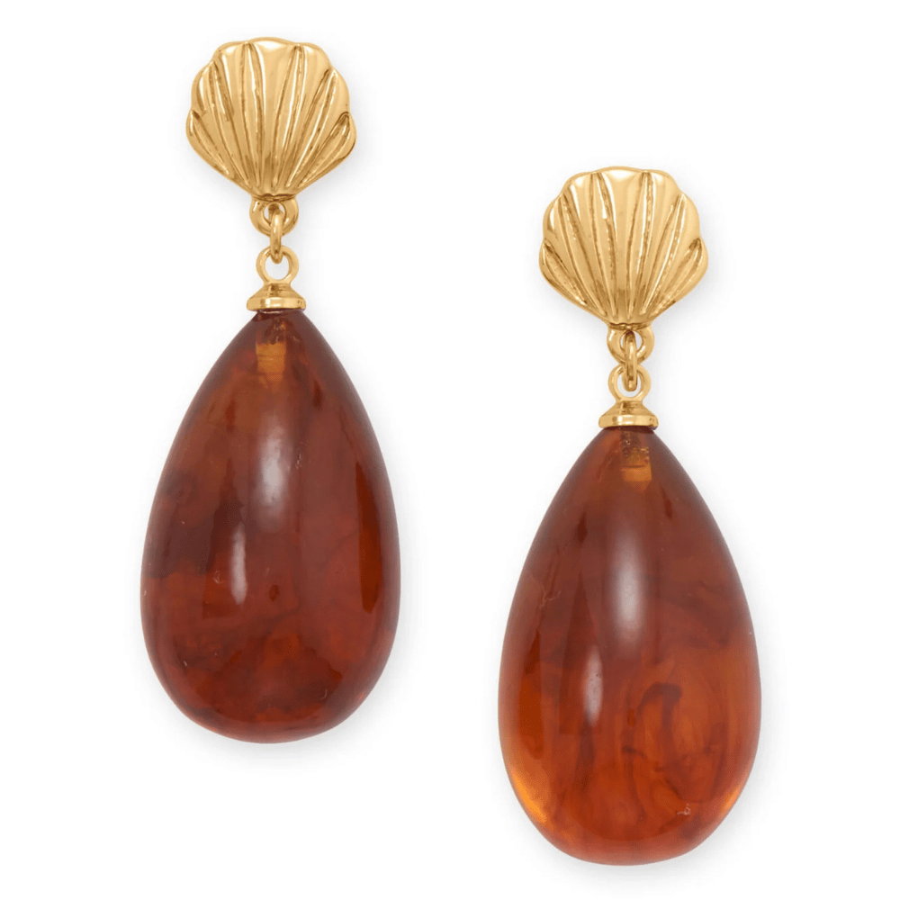 Gold Tone Shell and Marbled Acrylic Drop Fashion Earrings