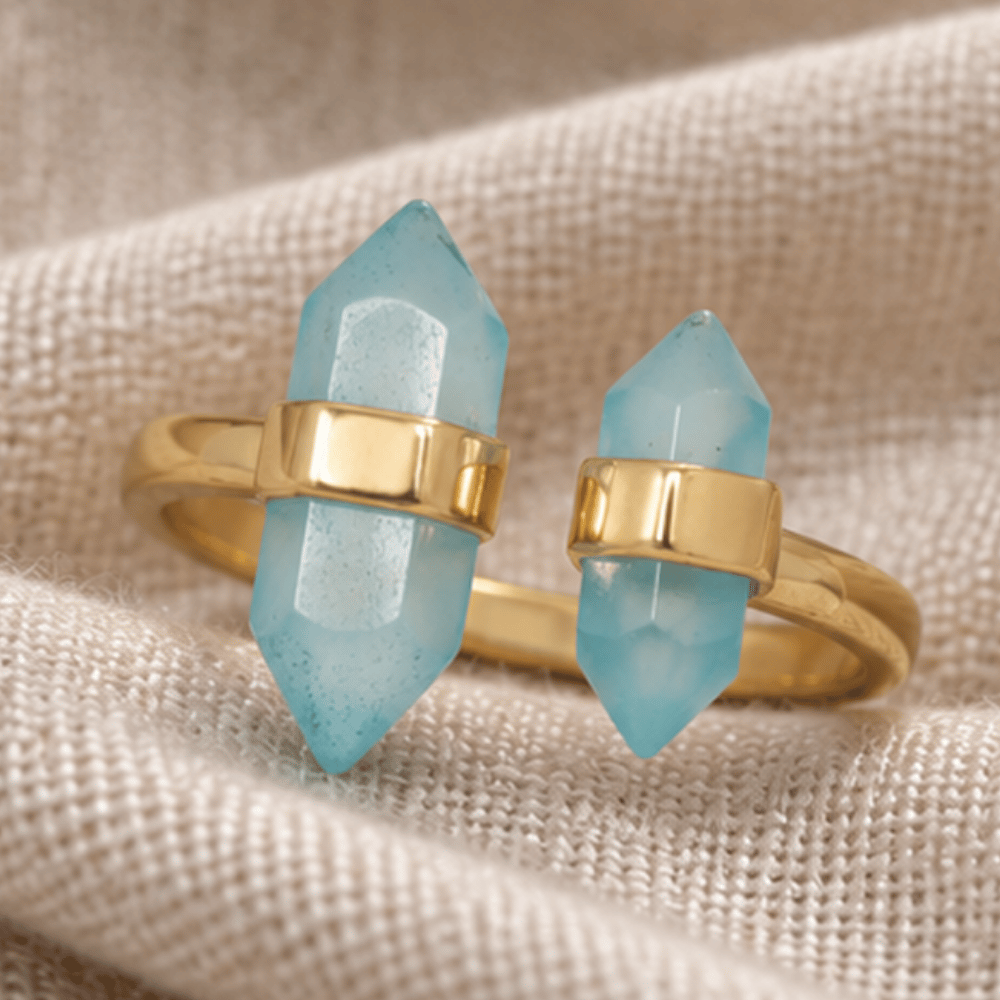 14 Karat Gold Plated Spike Pencil Cut Aqua Chalcedony Split Ring