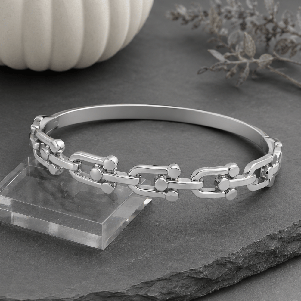 Stainless Steel Horse Bit Hinged Bangle Bracelet - Silver - view 2