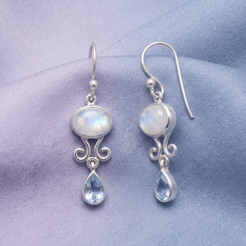 Rainbow Moonstone and Blue Topaz Drop Earrings