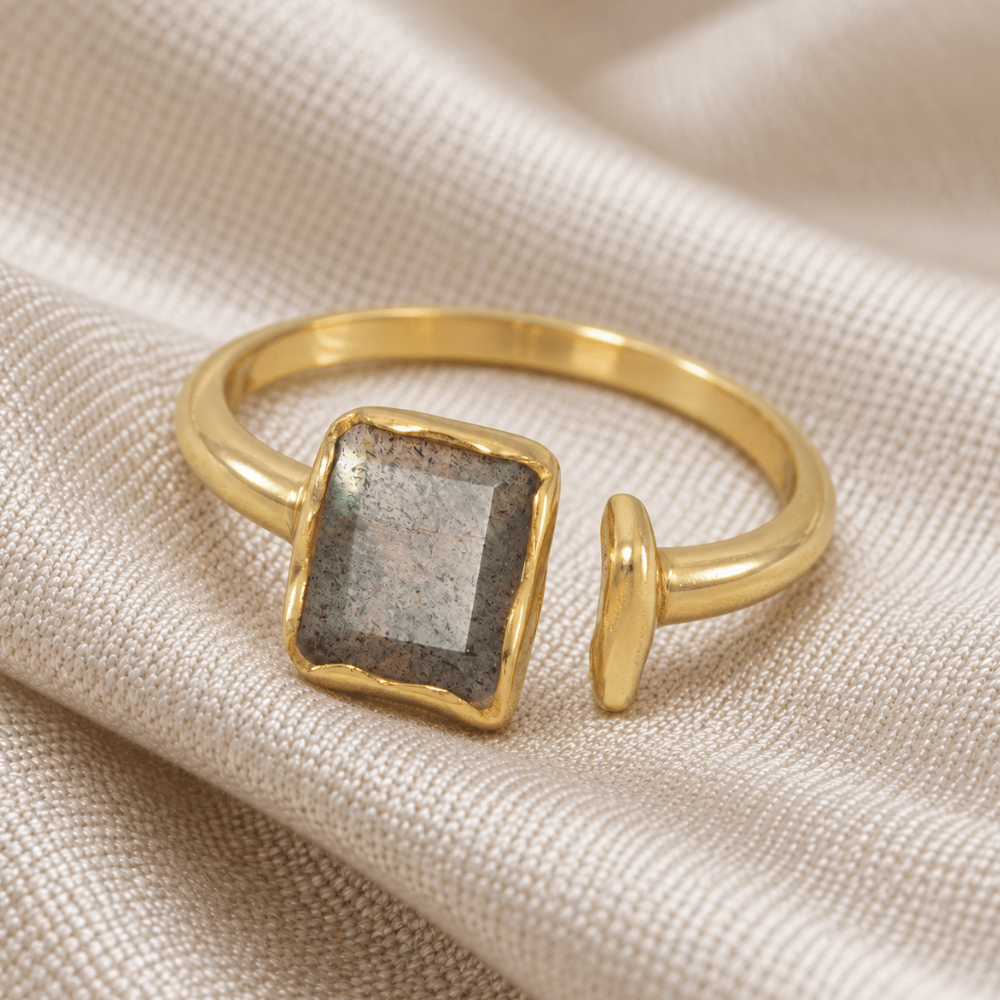 14 Karat Gold Plated Rectangular Labradorite Ring
