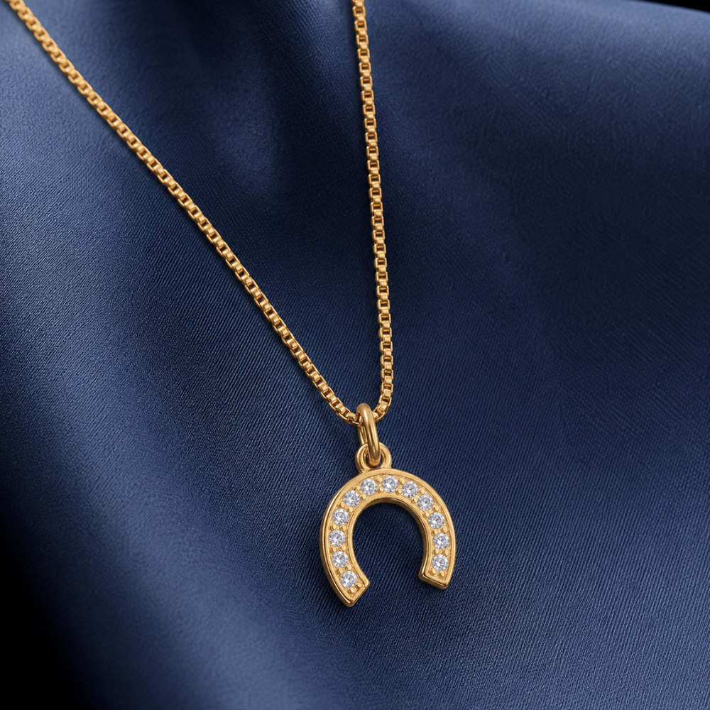 18" 14 Karat Gold Plated Diamond Studded Horseshoe Necklace