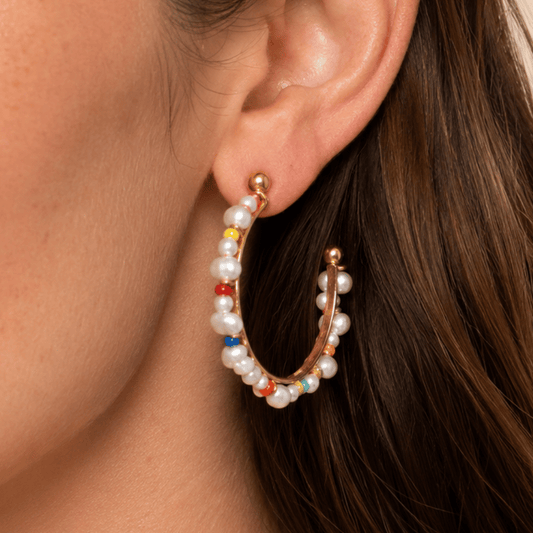 Gold Tone Rainbow Seed Bead and Imitation Pearl 3/4 Fashion Hoop Earrings