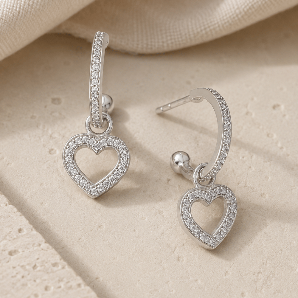 CZ Heart Charm Hoop Earrings