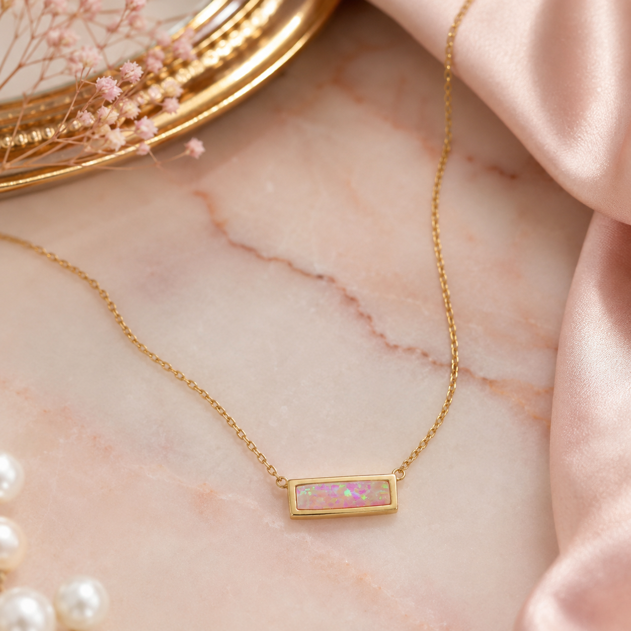 14 Karat Gold Plated Mini Synthetic Pink Opal Bar Necklace
