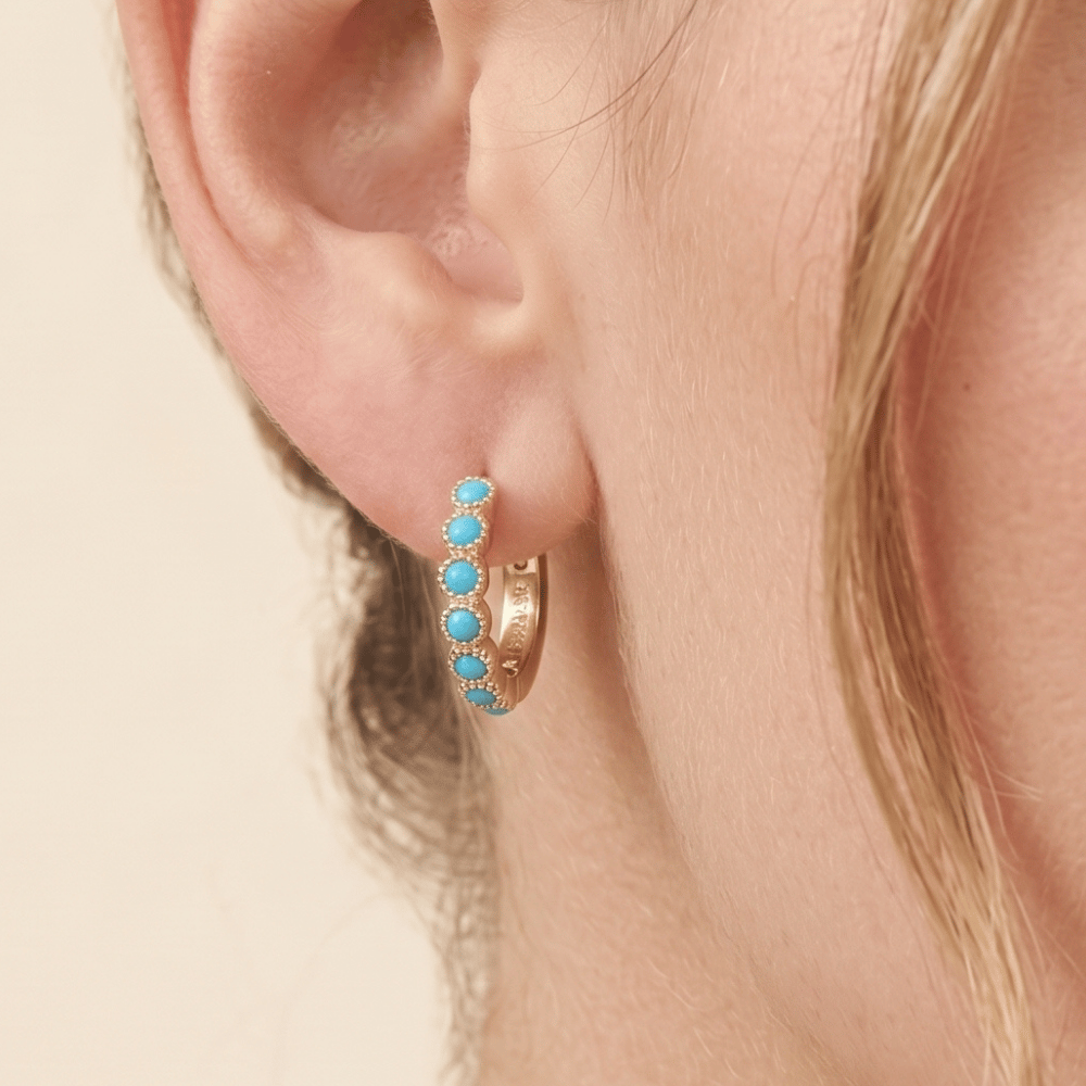 14 Karat Gold Plated Turquoise CZ Hoop Earrings