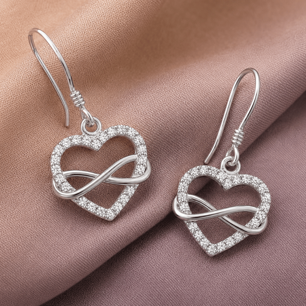 Rhodium Plated CZ Heart and Infinity French Wire Earrings