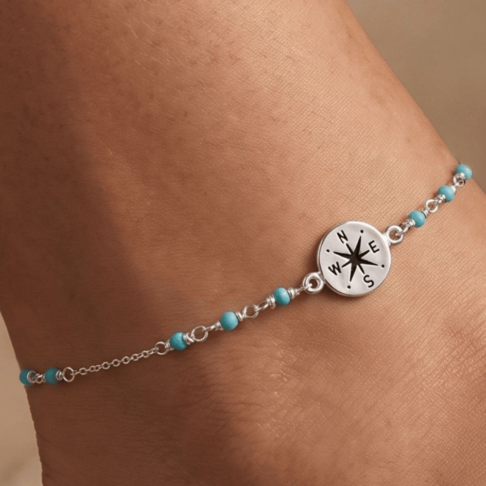 9.25" + .75" Compass and Blue Bead Anklet