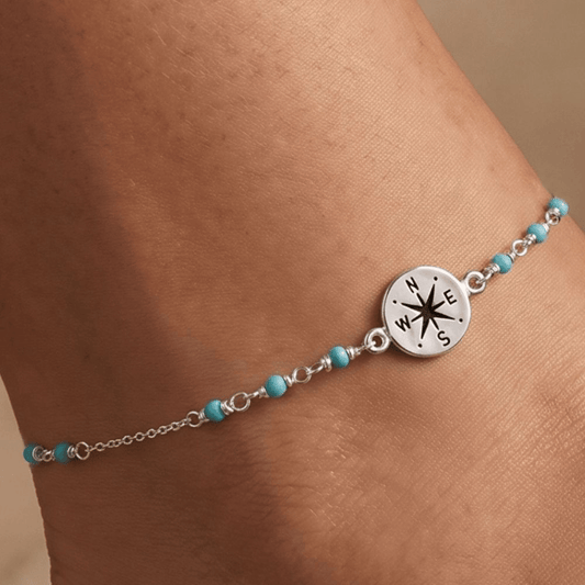 9.25" + .75" Compass and Blue Bead Anklet