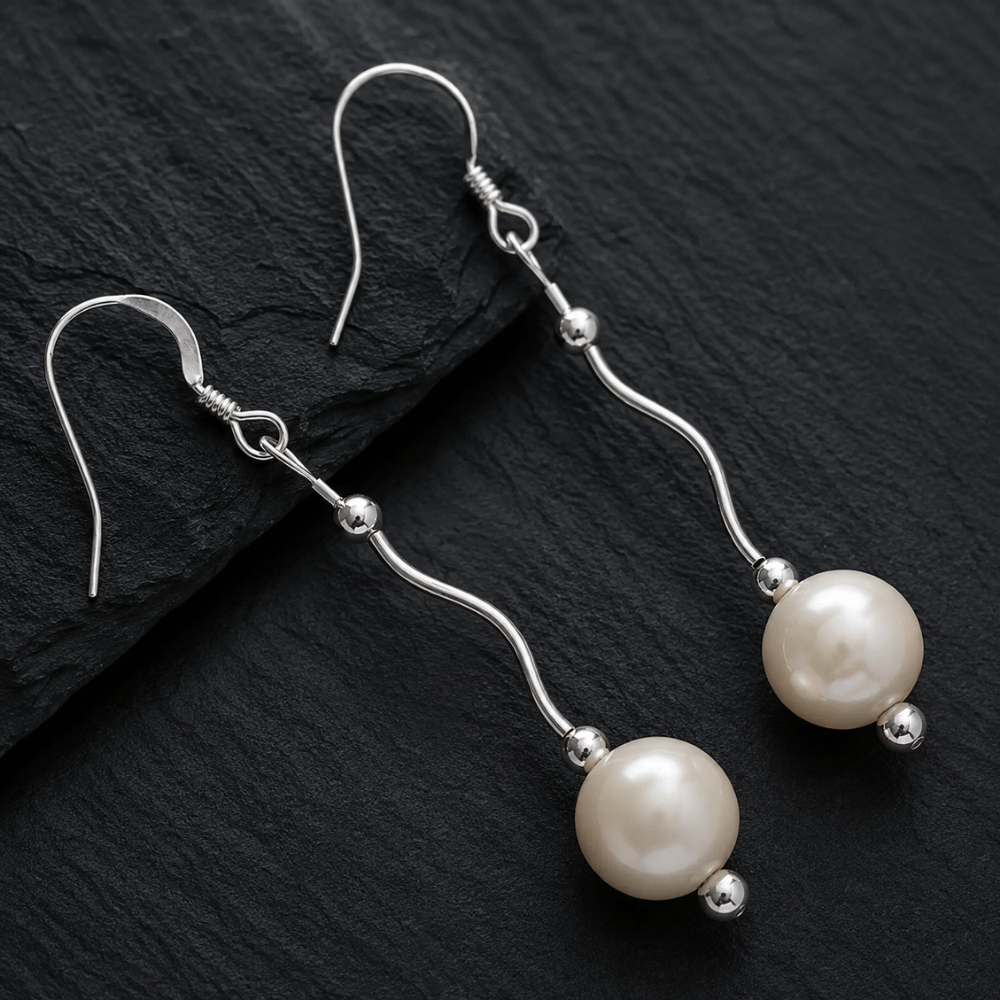 Wave Design Earrings with Cultured Freshwater Pearl Drop
