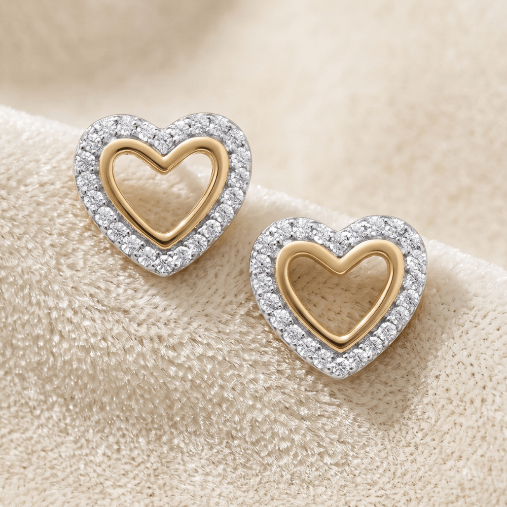 Two Tone CZ Heart Outline Earrings
