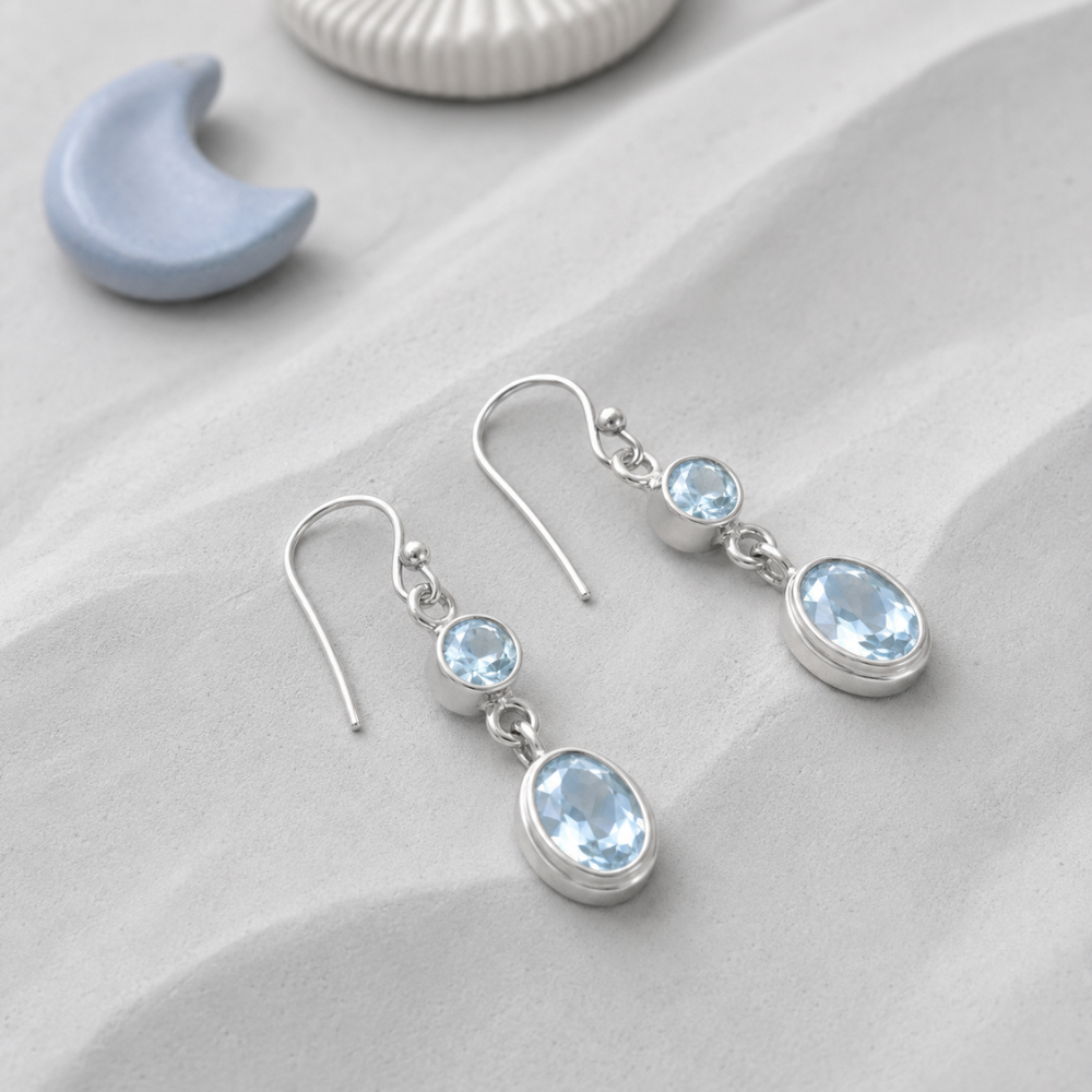 Round and Oval Blue Topaz French Wire Earrings