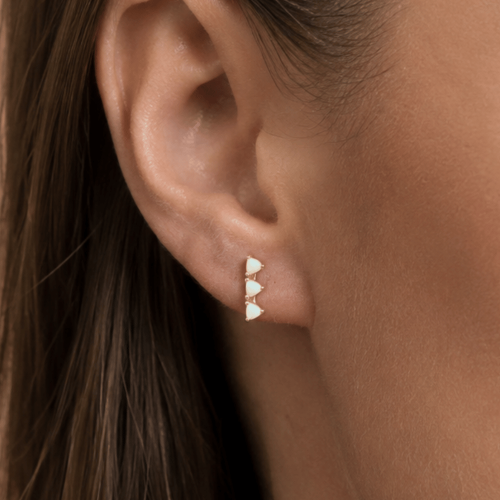 14 Karat Gold Plated Mini Triangle Synthetic White Opal Studs