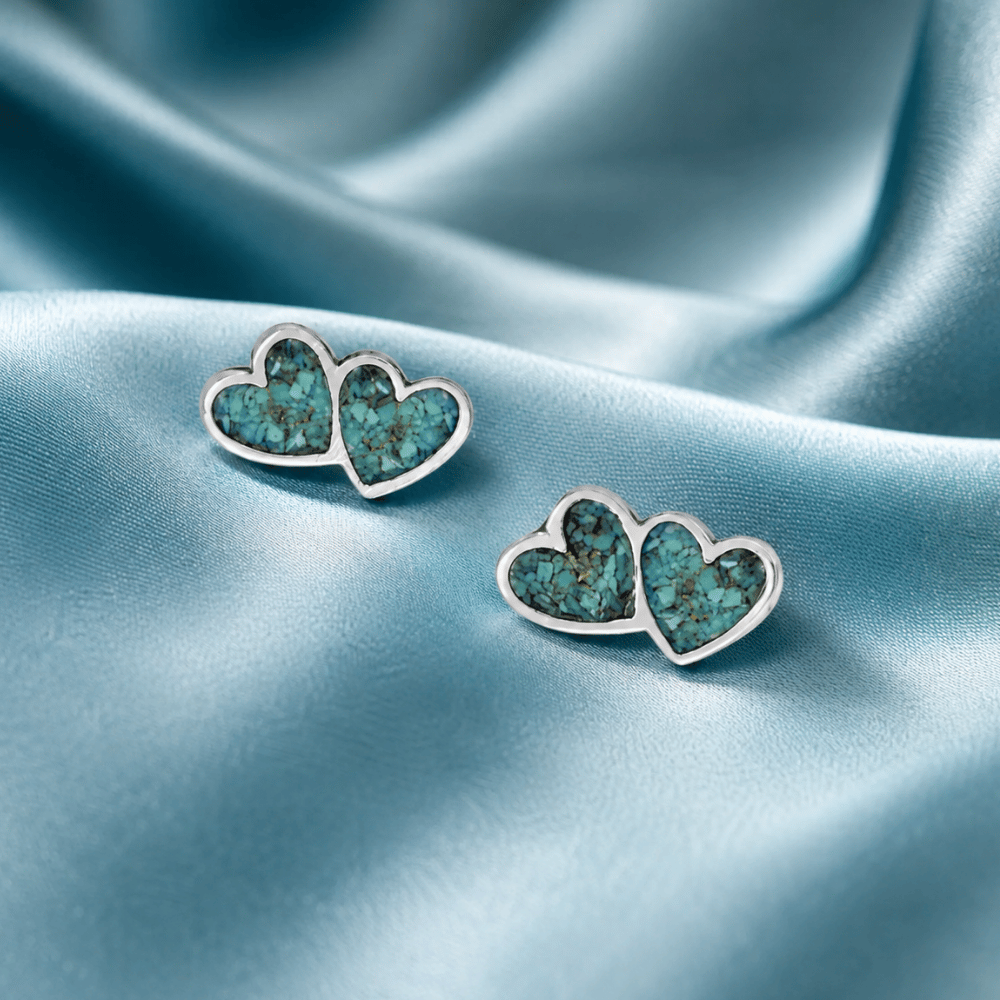 Turquoise Chip Double Heart Stud Earrings