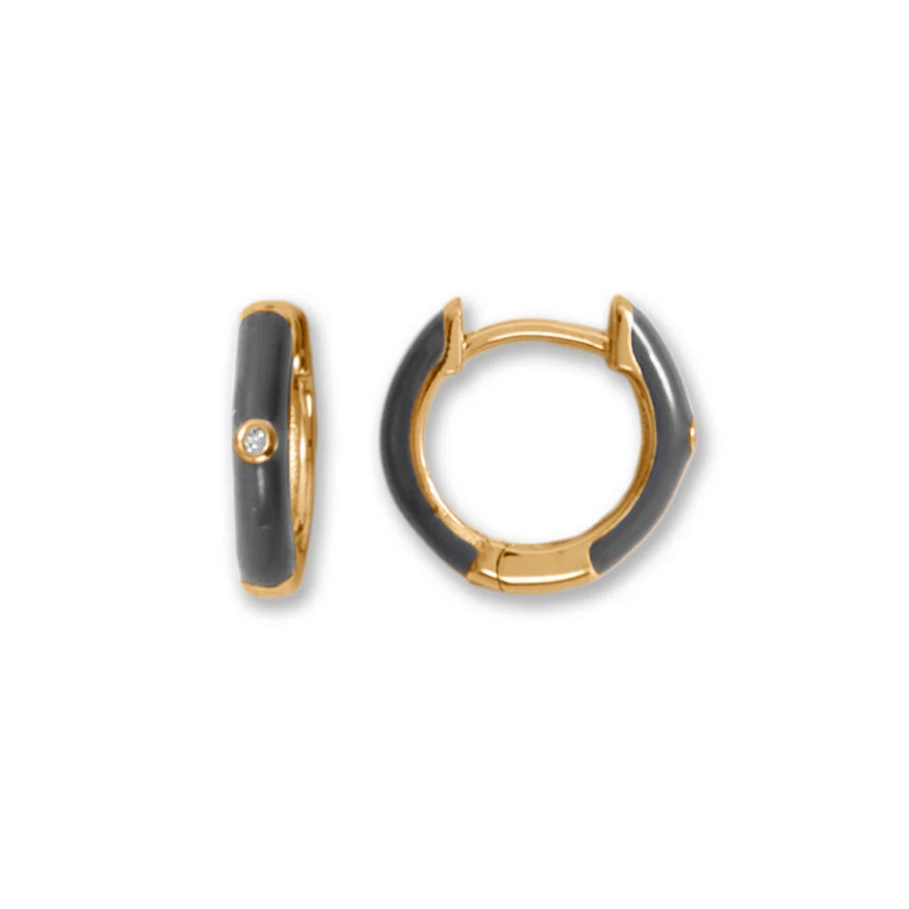 14 Karat Gold Plated Grey Enamel and CZ Hoop Earrings