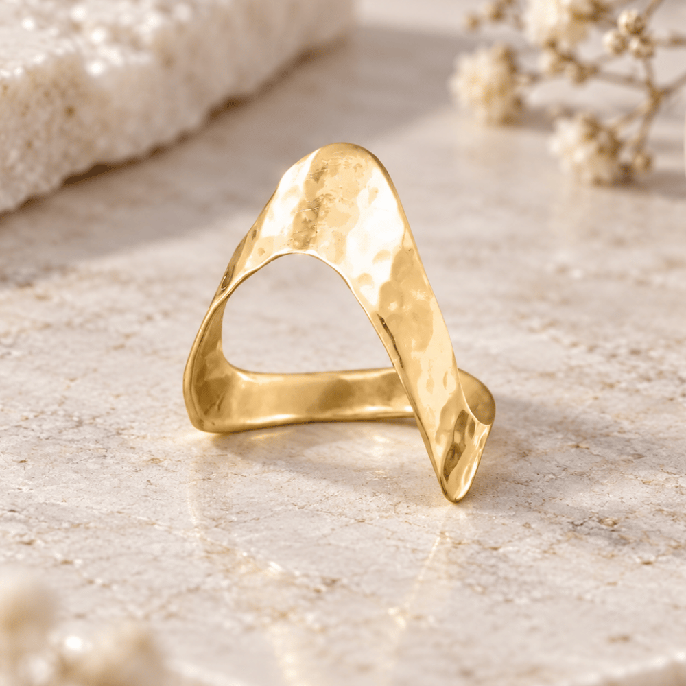 14 Karat Gold Plated Hammered "V" Chevron Ring