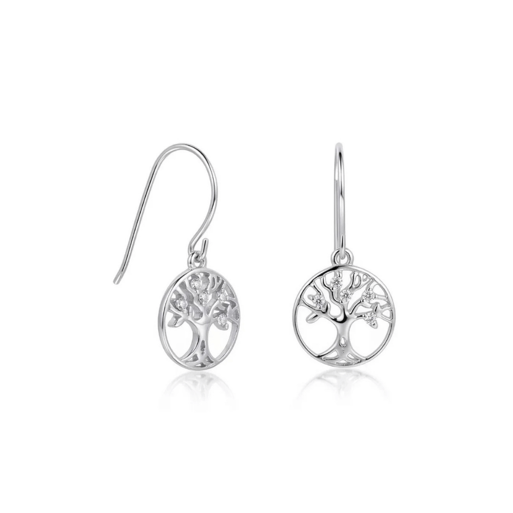 Rhodium Plated CZ Tree of Life Earrings