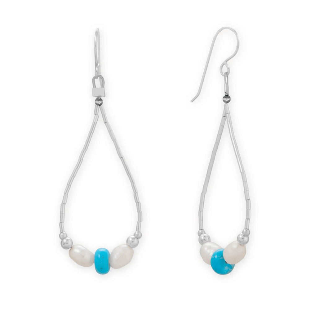 Cultured Freshwater Pearl and Turquoise Liquid Silver Pear Outline Earrings