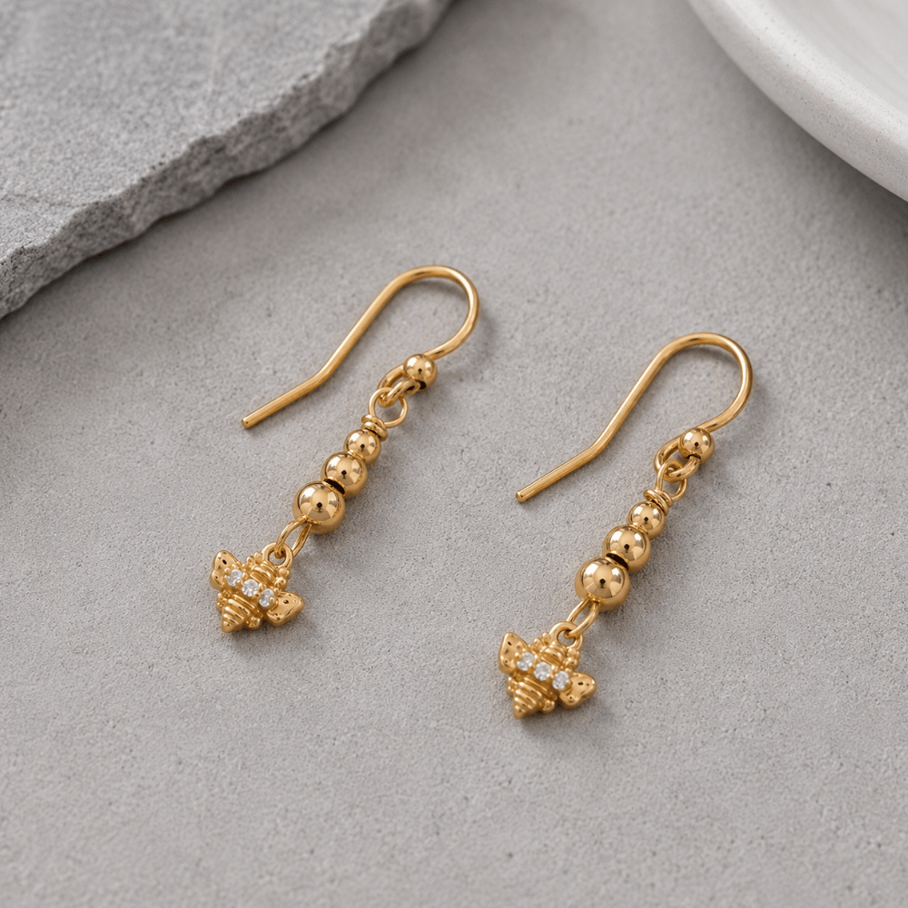 14 Karat Gold Plated Cubic Zirconia Bee Drop Earrings