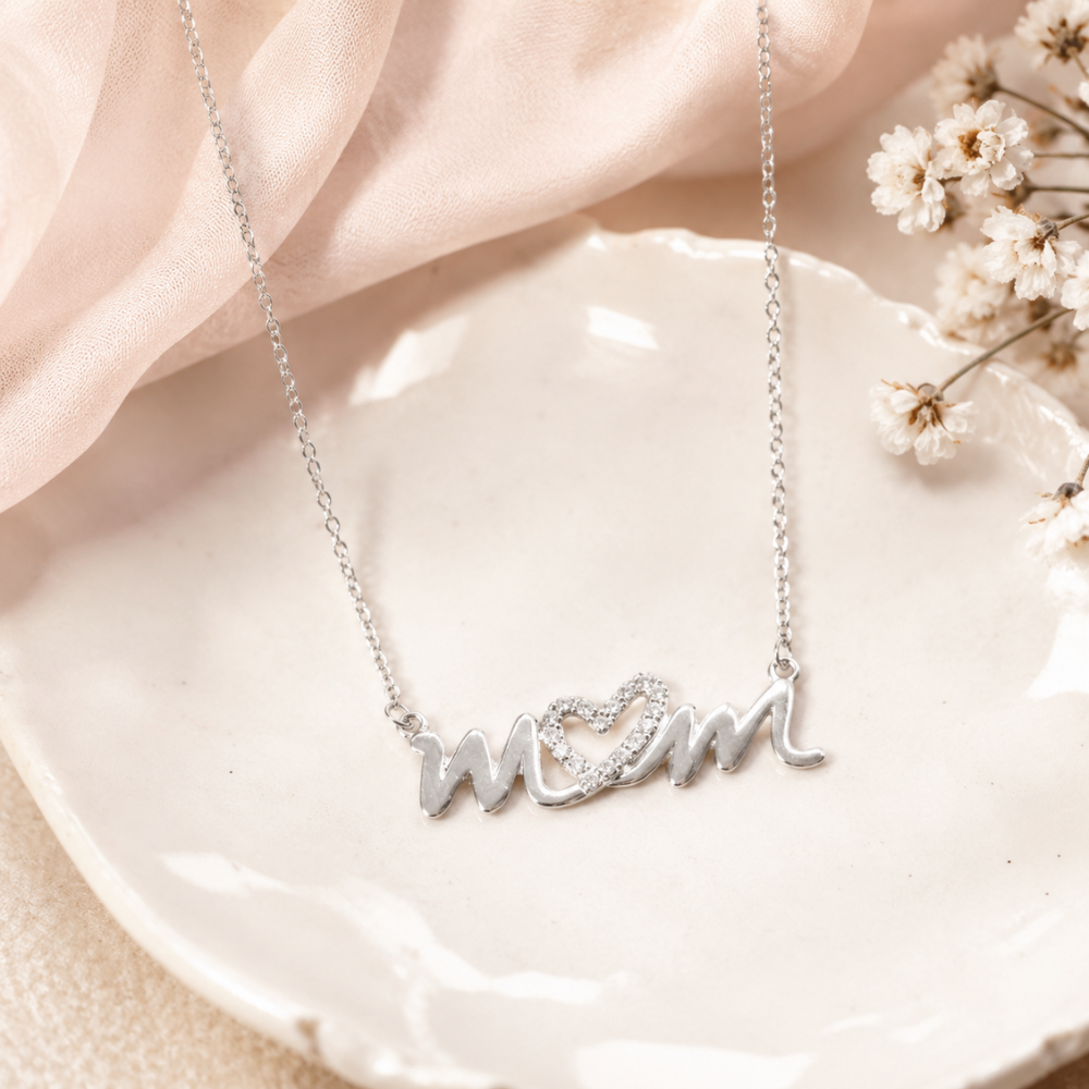 16" + 2" CZ Heart "mom" Necklace