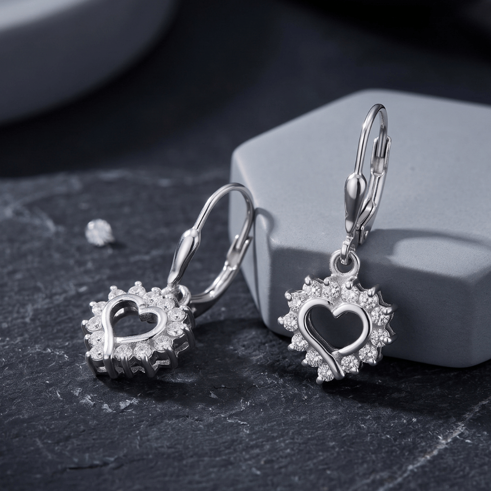 Rhodium Plated Cutout CZ Heart Lever Earrings