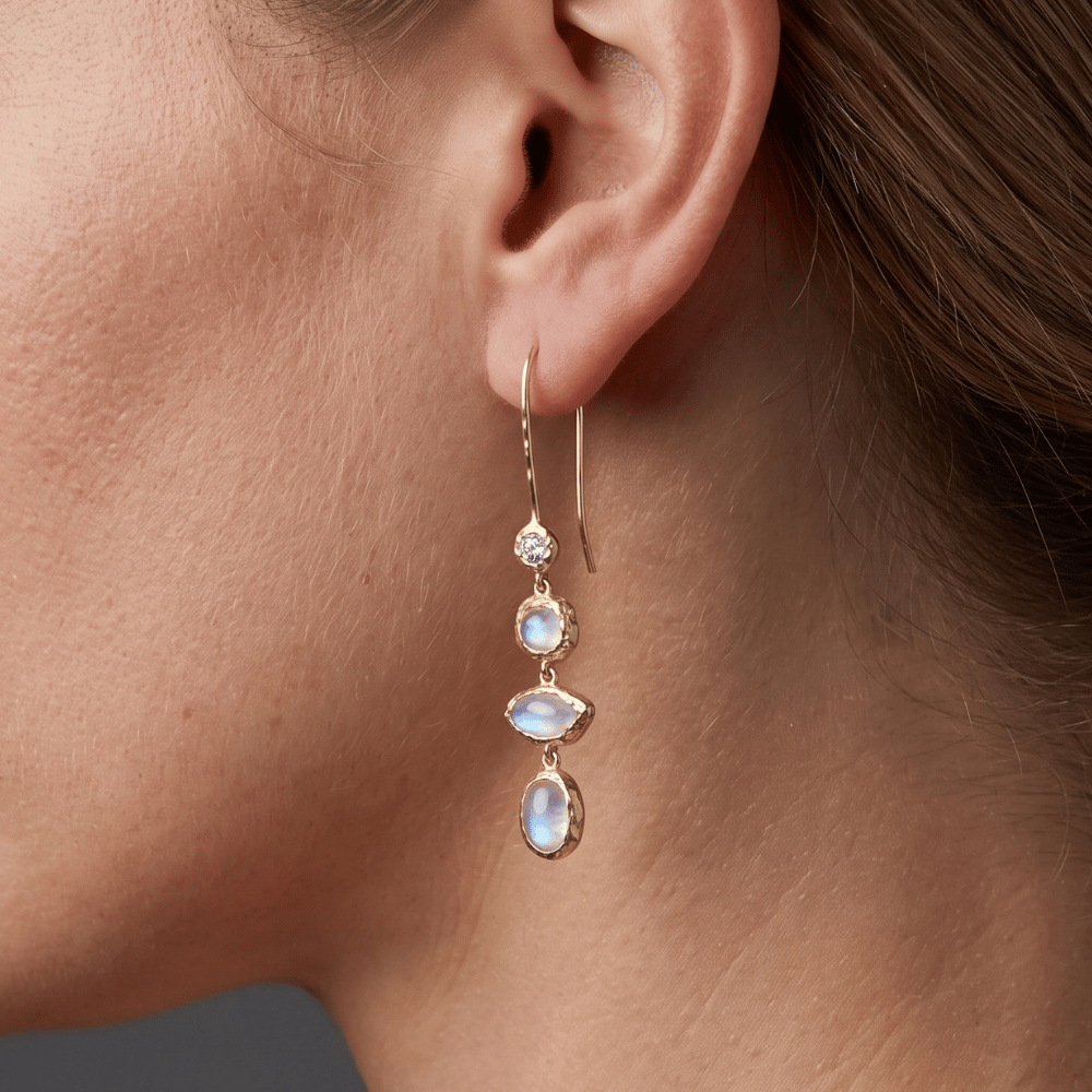 14 Karat Gold Plated Hammered CZ and Rainbow Moonstone Earrings