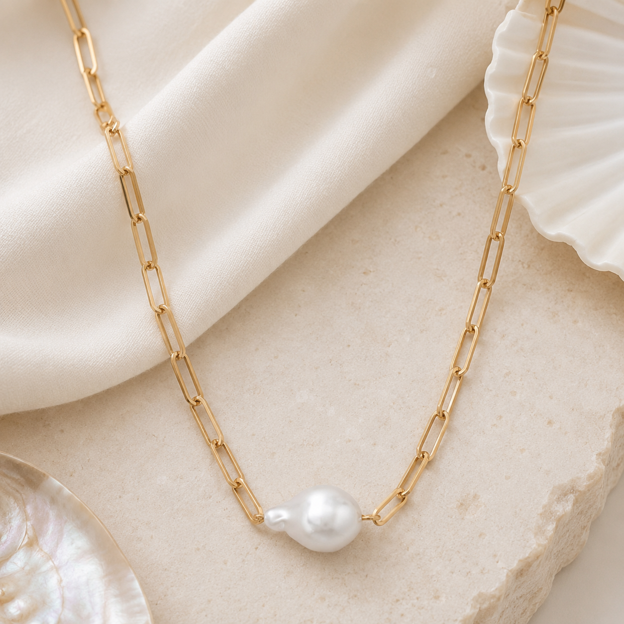16" + 3" Gold Tone Imitation Baroque Pearl Drop Fashion Necklace