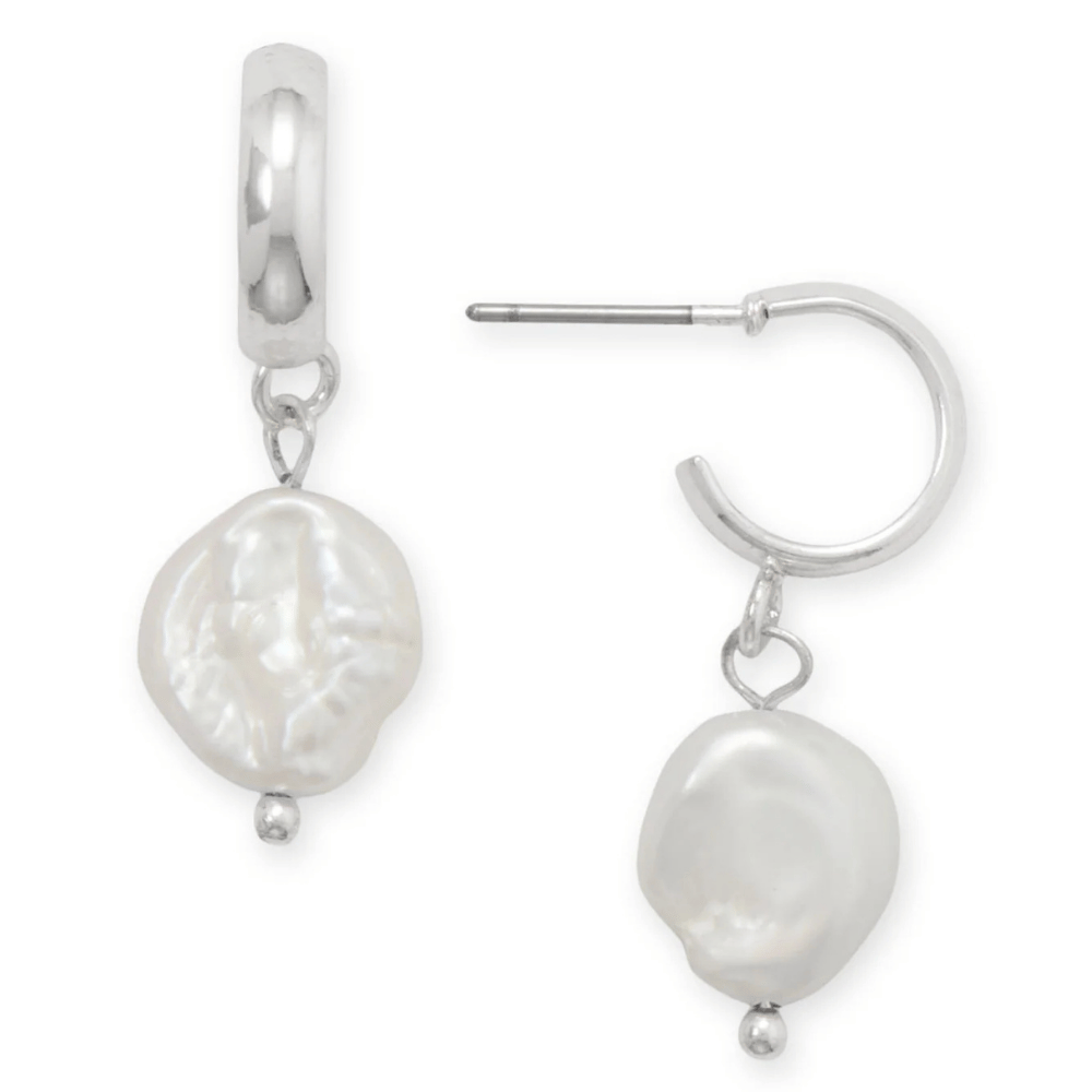 Silver Tone Cultured Freshwater Keshi Pearl Drop Fashion Earrings