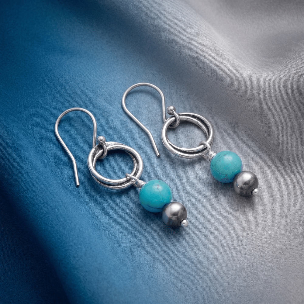 Oxidized Bead and Turquoise Rope Ring Earrings
