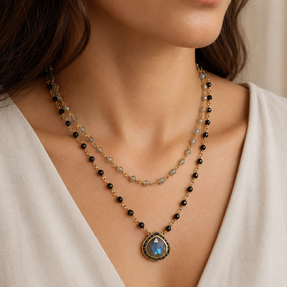 19"/20" + 2" 14 Karat Gold Plated Labradorite and Black Onyx Necklace