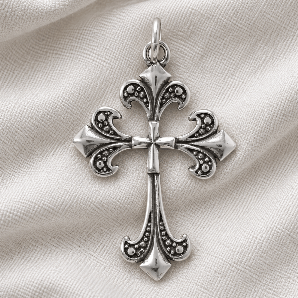 Oxidized Fleur De Lis Cross Pendant