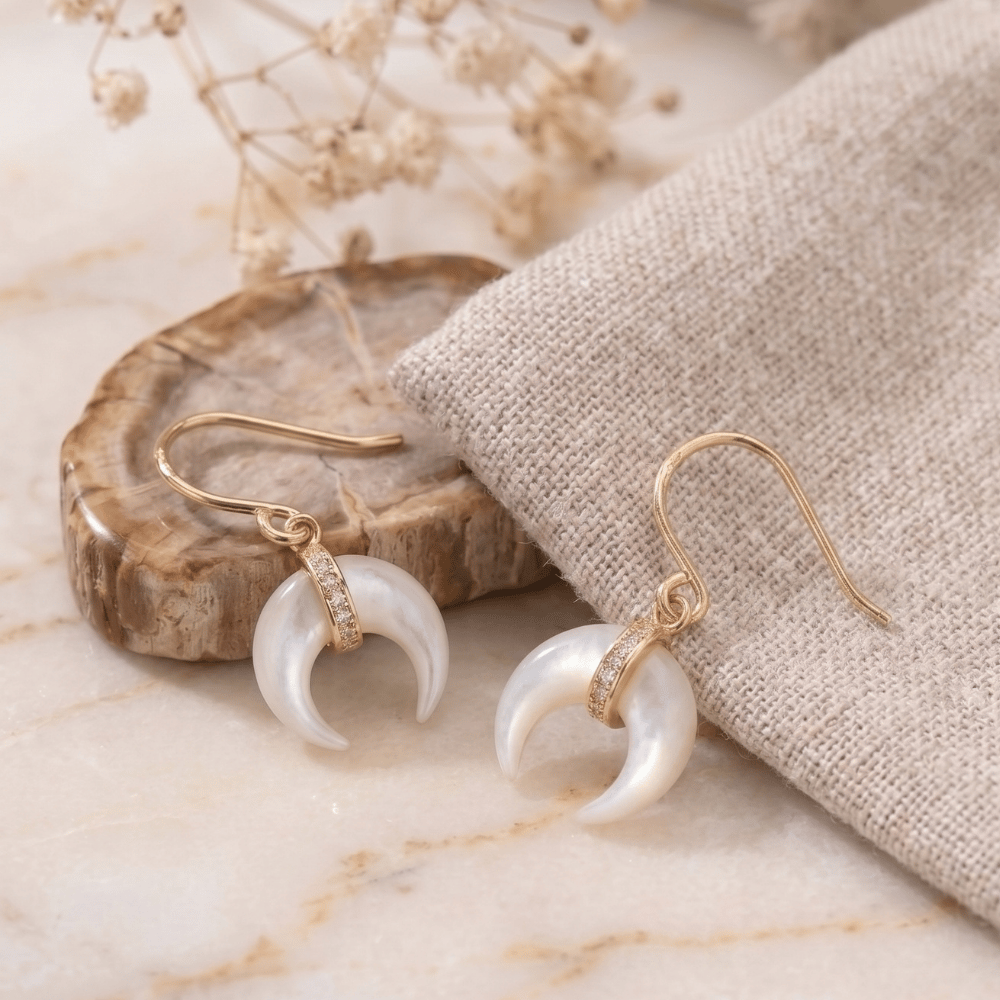 Mother of Pearl and CZ Crescent Gold Plate Earrings