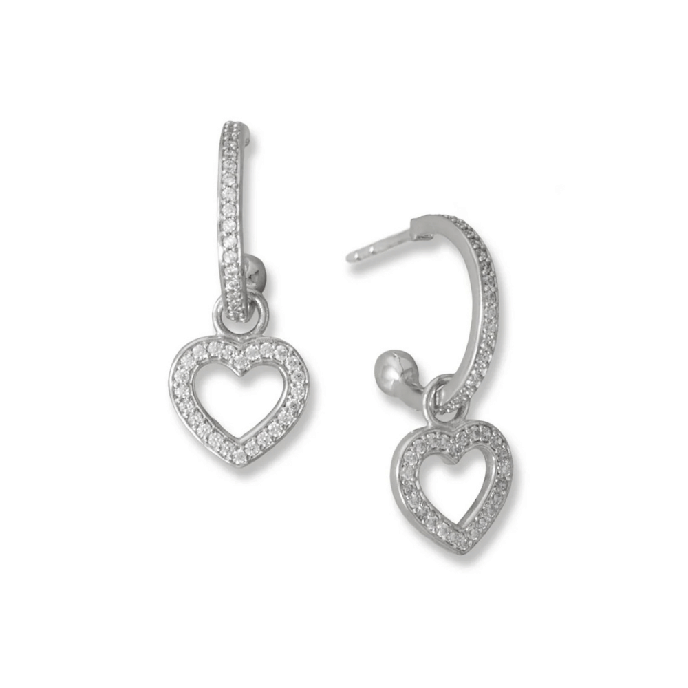 CZ Heart Charm Hoop Earrings