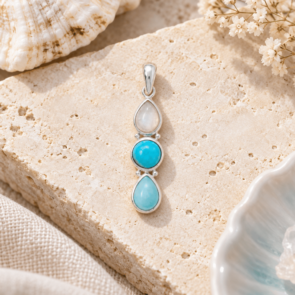 Rainbow Moonstone, Turquoise and Larimar Drop Pendant